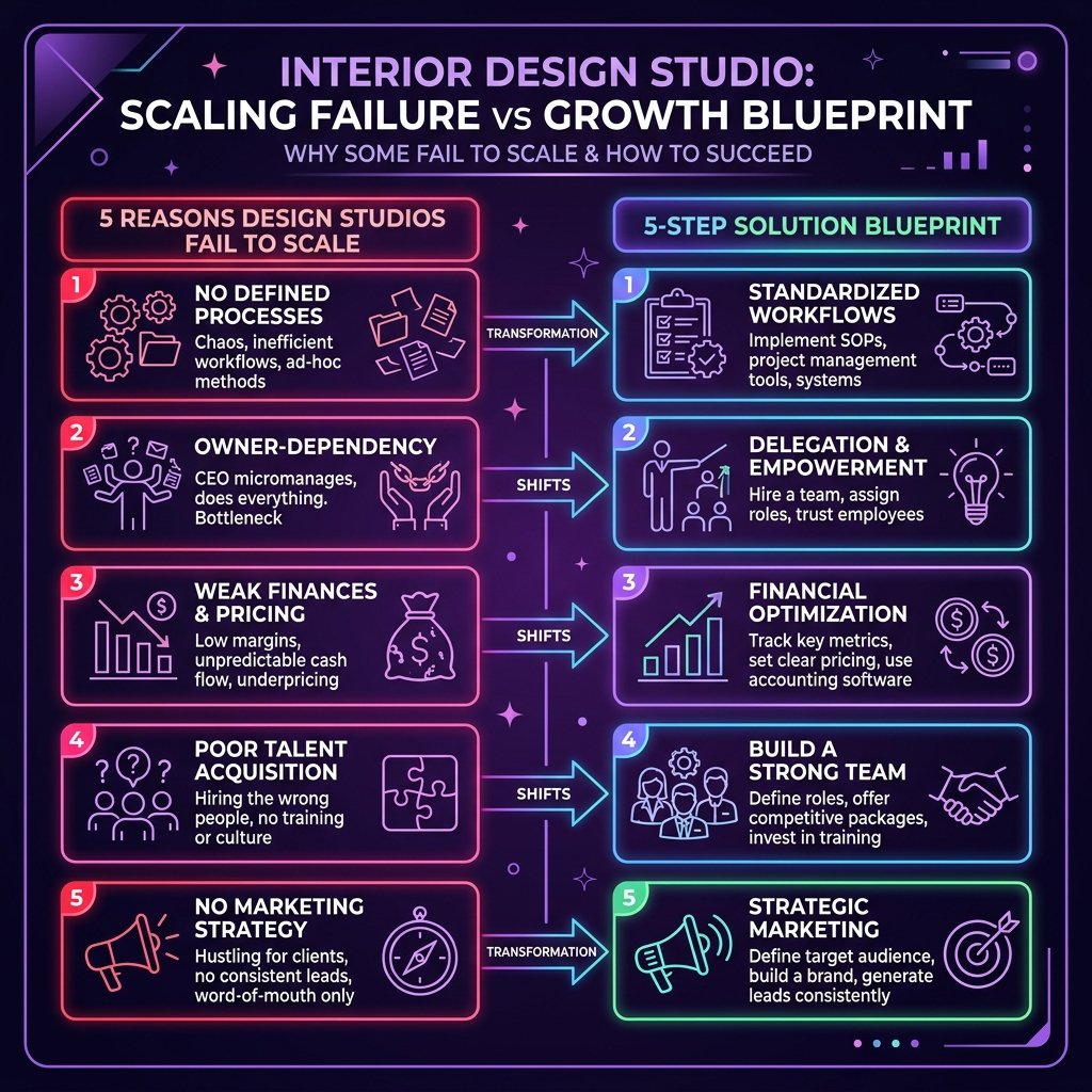 Interior Design Scaling Failure vs Growth Blueprint Diagram